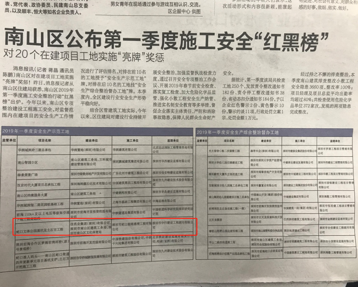 港灣工程公司蛇口文體公園項目獲評南山區(qū)2019年第一季度安全生產(chǎn)示范工地